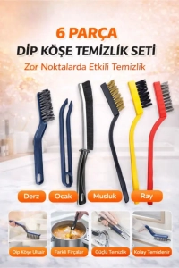 6 Parça Dip Köşe Temizlik Fırça Seti - Derz Fırçası, Gider Cımbızı, 3'Lü Yağ Temizleme Fırçası